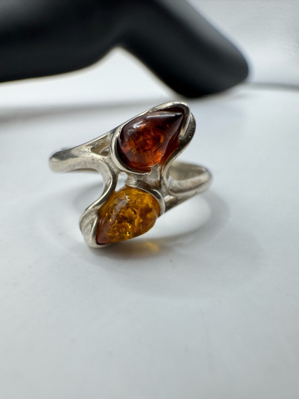Size 6 Sterling Silver Amber Double Teardrop Ring - Two-Tone Cognac & Honey